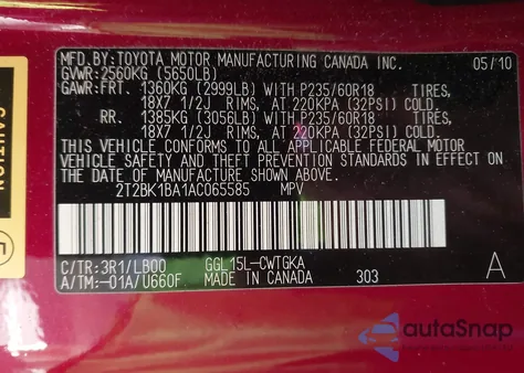 2010 Lexus Rx 350 z USA, uszkodzony, nr VIN 2T2BK1BA1AC065585